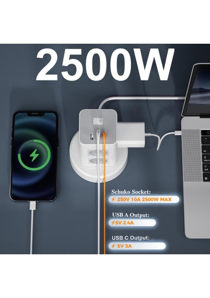 2 Metre Uzunluğu Ayarlanabilir Akım Korumalı 2 Usb-A 1 USB -C 8 Priz Çıkışlı Beyaz Renk Grup Priz fiyatları