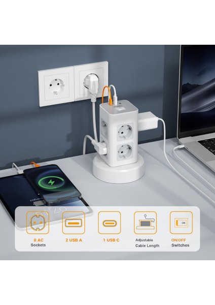 2 Metre Uzunluğu Ayarlanabilir Akım Korumalı 2 Usb-A 1 USB -C 8 Priz Çıkışlı Beyaz Renk Grup Priz fırsatları