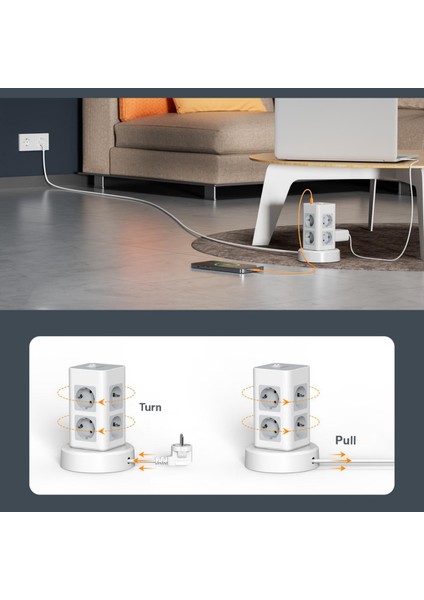 2 Metre Uzunluğu Ayarlanabilir Akım Korumalı 2 Usb-A 1 USB -C 8 Priz Çıkışlı Beyaz Renk Grup Priz indirimleri