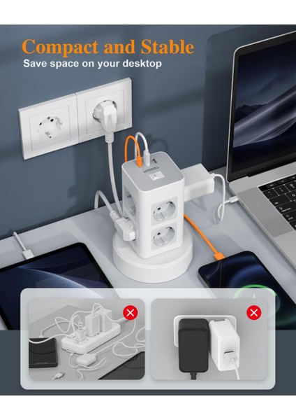 2 Metre Uzunluğu Ayarlanabilir Akım Korumalı 2 Usb-A 1 USB -C 8 Priz Çıkışlı Beyaz Renk Grup Priz