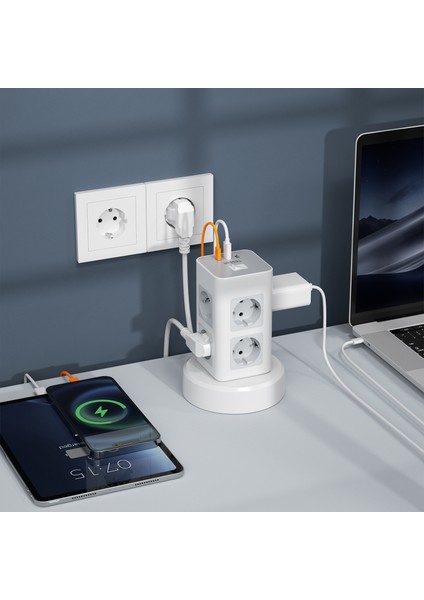 2 Metre Uzunluğu Ayarlanabilir Akım Korumalı 2 Usb-A 1 USB -C 8 Priz Çıkışlı Beyaz Renk Grup Priz