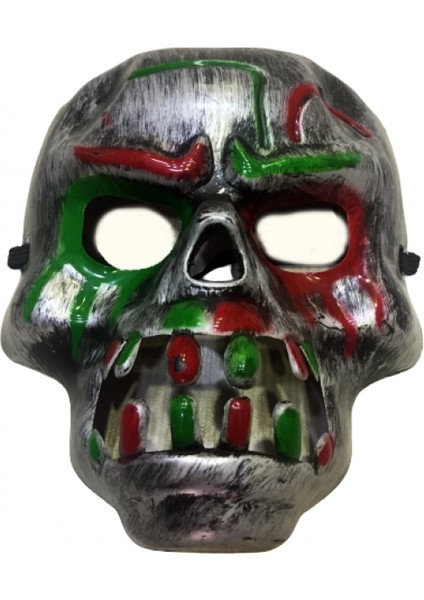 Kırmızı Kan Şeritli Dişli Dracula Kuru Kafa Maskesi Gri Renk