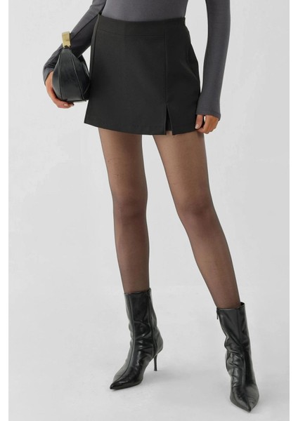 Kadın Çift Yırtmaçlı Yüksek Bel Mini Şort Etek Siyah
