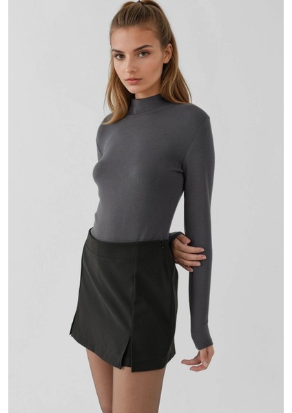 Kadın Çift Yırtmaçlı Yüksek Bel Mini Şort Etek Siyah