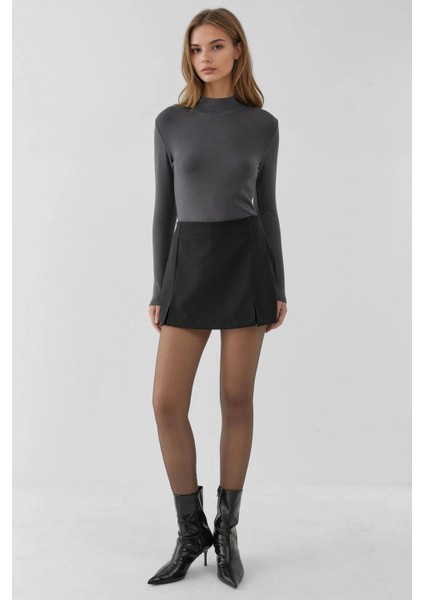 Kadın Çift Yırtmaçlı Yüksek Bel Mini Şort Etek Siyah