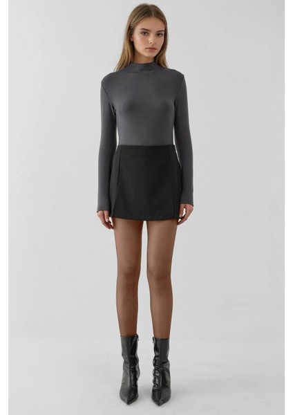 Kadın Çift Yırtmaçlı Yüksek Bel Mini Şort Etek Siyah