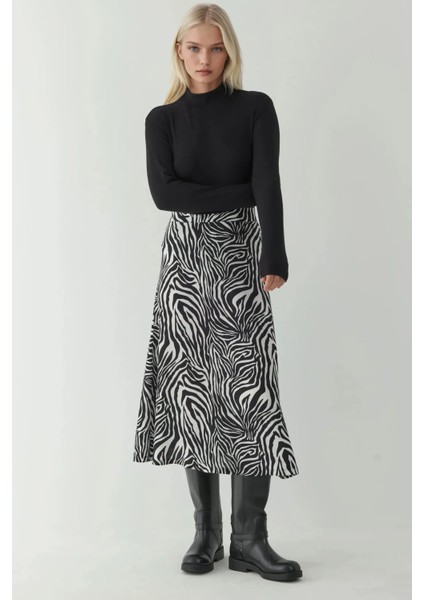 Kadın Yüksek Bel Zebra Desenli Midi Etek Çok Renkli