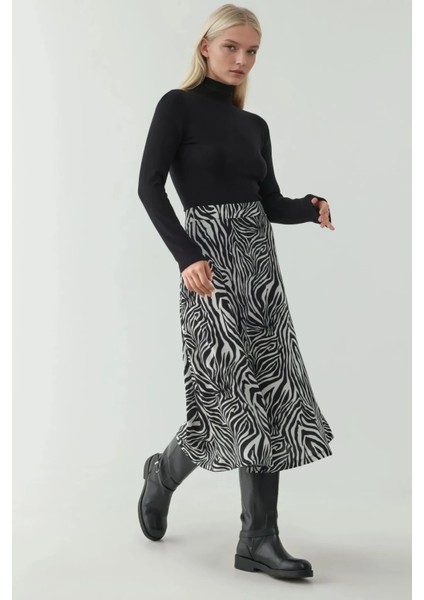 Kadın Yüksek Bel Zebra Desenli Midi Etek Çok Renkli