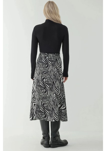 Kadın Yüksek Bel Zebra Desenli Midi Etek Çok Renkli