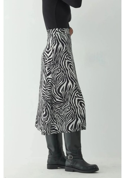 Kadın Yüksek Bel Zebra Desenli Midi Etek Çok Renkli