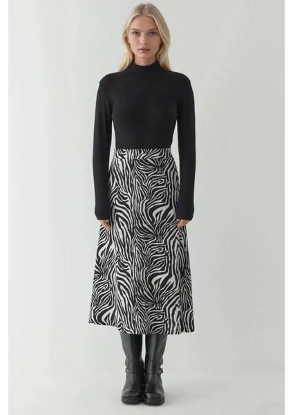 Kadın Yüksek Bel Zebra Desenli Midi Etek Çok Renkli