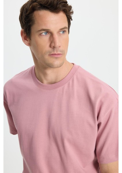Erkek Boxy Fit Bol Kesim %100 Pamuk Bisiklet Yaka Lila Tişört