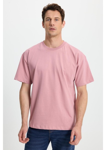 Erkek Boxy Fit Bol Kesim %100 Pamuk Bisiklet Yaka Lila Tişört fiyatları