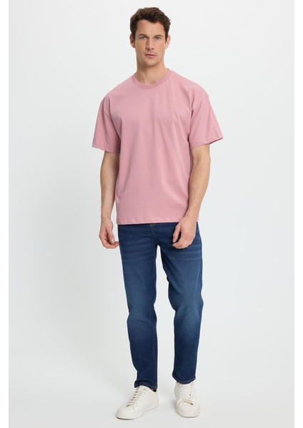 Erkek Boxy Fit Bol Kesim %100 Pamuk Bisiklet Yaka Lila Tişört fırsatları