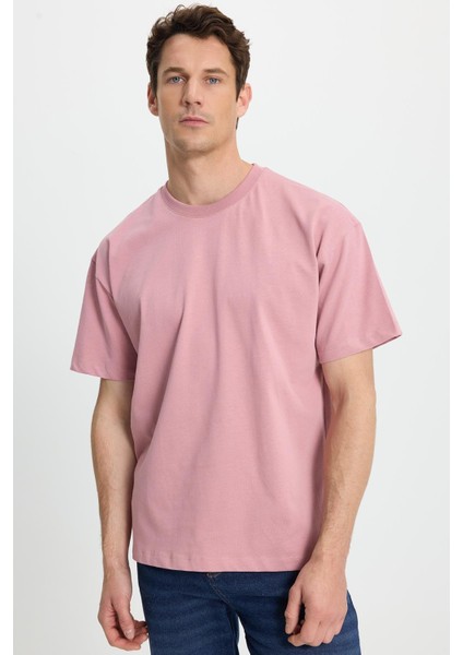 Erkek Boxy Fit Bol Kesim %100 Pamuk Bisiklet Yaka Lila Tişört indirimleri
