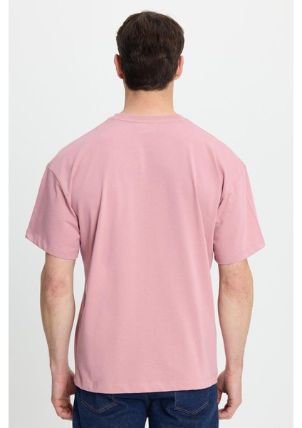 Erkek Boxy Fit Bol Kesim %100 Pamuk Bisiklet Yaka Lila Tişört
