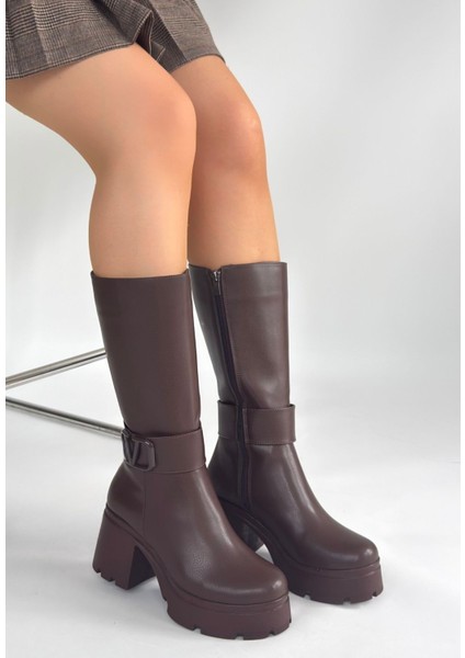 Moki Kahverengi Cilt Topuklu Çizme - Lisinya modelleri