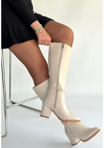 Jeoli Bej Cilt Topuklu Çizme - Lisinya