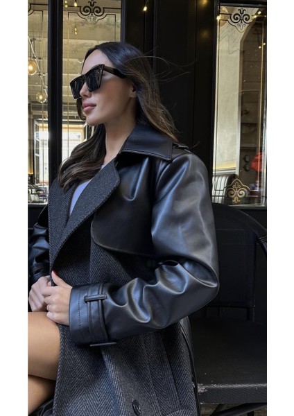 Siyah Balıksırtı Deri Kol Kuşaklı Kaban