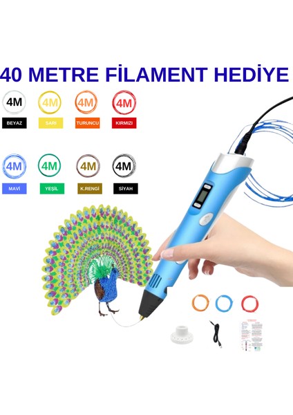 Mavi 3D Kalem + 40 Metre Filament Hediye