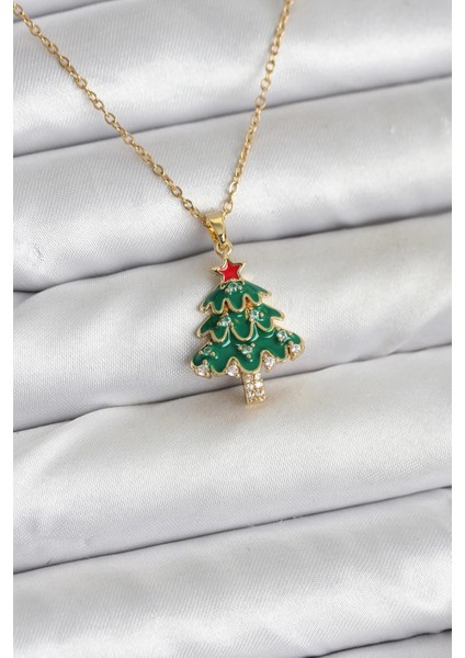 Bfs 316L Çelik Zincir Gold Renk Çam Ağacı Model Yılbaşı Temalı Kadın Kolye