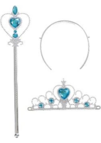Karlar Ülkesi Elsa Mavi Kalpli Taç ve Mavi Asa Seti Çocuk Boy