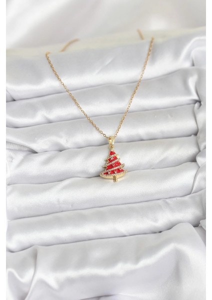 Bfs 316L Çelik Zincir Gold Renk Kırmızı Çam Ağacı Model Yılbaşı Temalı Kadın Kolye fiyatları