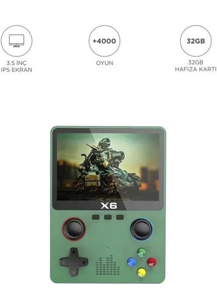 X6 Yeşil 4000+ Klasik Oyunlu 3.5 Inç IPS Ekran Kablosuz Atari Retro Oyun Konsolu