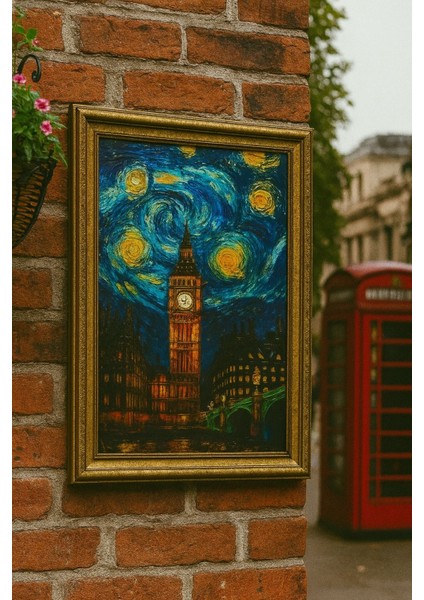 Big Ben x Yıldızlı Gece Sanat Tasarımı Duvar Tablosu (Çerçeveli)