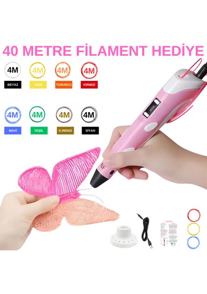 Pembe 3D Kalem + 40 Metre Filament Hediye