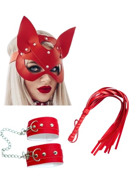 Dodes Fantezi Deri Seksi Kırmızı Kedi Maske Kelepçe Kırbaç Seti ( 3'lü Set) TG275367