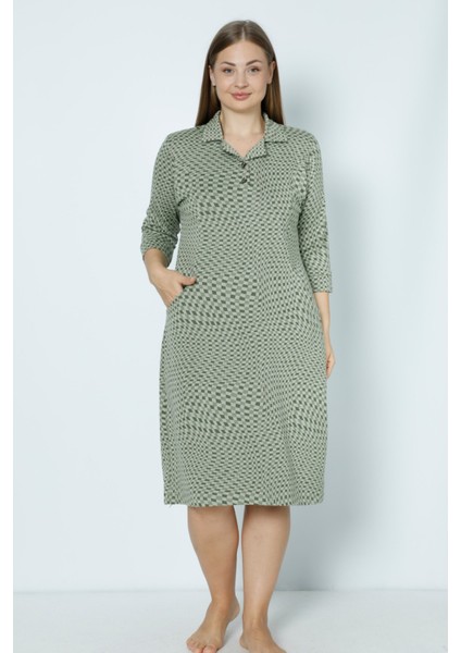 Yeşil Desenli Büyük Beden Jakarlı Büyük Beden Elbise