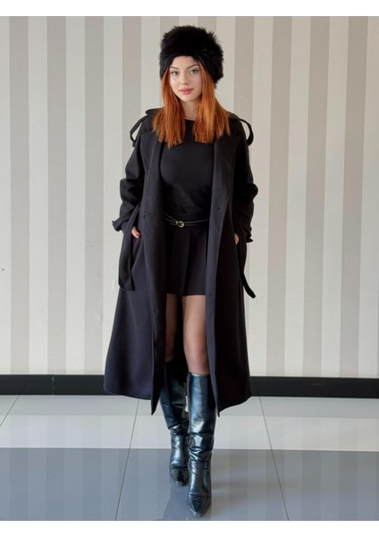 Kadın Kruvaze Yaka Belden Bağlamalı Oversize Kaşe Kaban