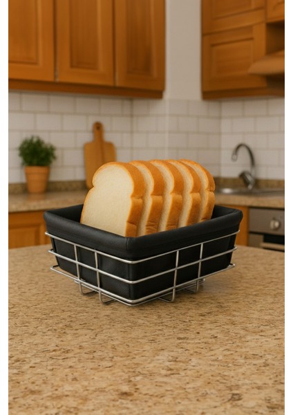 Ekmeklik Metal Sepet & Kumaşlı Siyah Kare Modern Tasarım