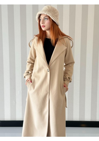 Kadın Kruvaze Yaka Belden Bağlamalı Oversize Kaşe Kaban