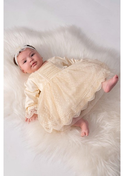 Krem Dantelli Kız Bebek Tül Elbise