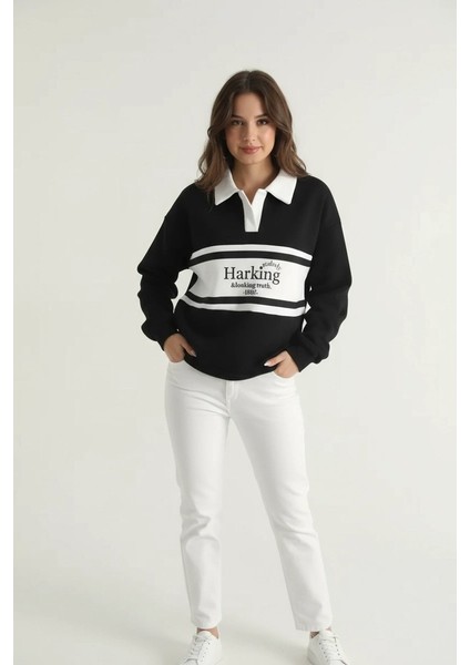 Harking Baskılı Gömlek Yaka Üç Ip Sweatshirt