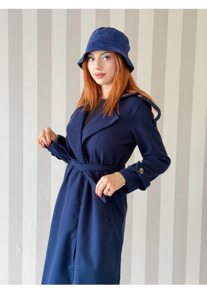 Kadın Kruvaze Yaka Belden Bağlamalı Oversize Kaşe Kaban