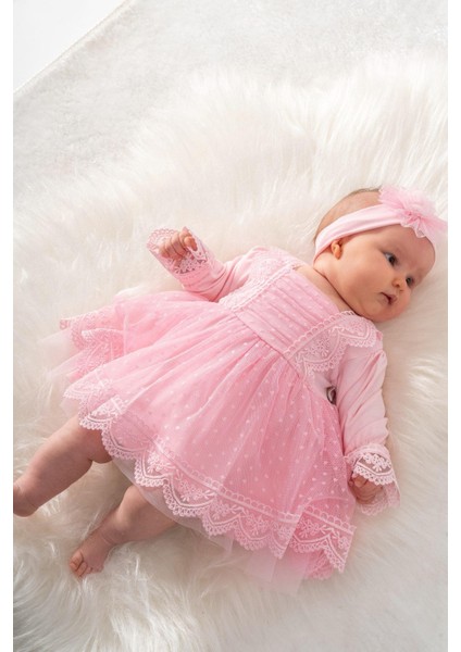 Pembe Dantelli Kız Bebek Tül Elbise