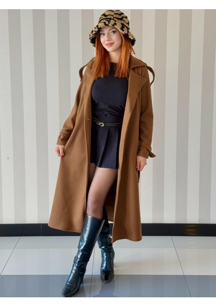 Kadın Kruvaze Yaka Belden Bağlamalı Oversize Kaşe Kaban