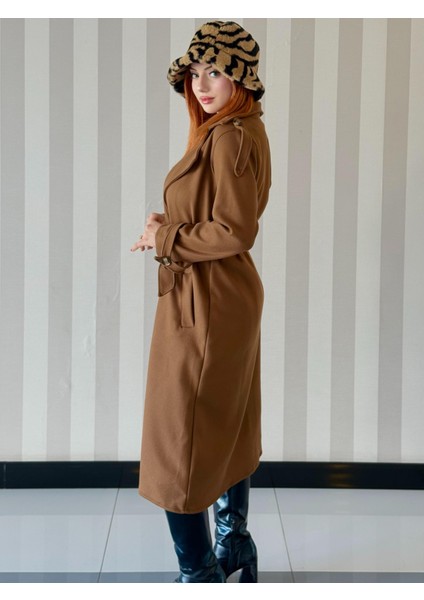 Kadın Kruvaze Yaka Belden Bağlamalı Oversize Kaşe Kaban modelleri