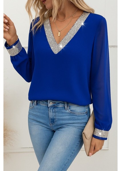 Kadın Uzun Kollu V Pulpayet Yakalı Ithal Krep Bluz