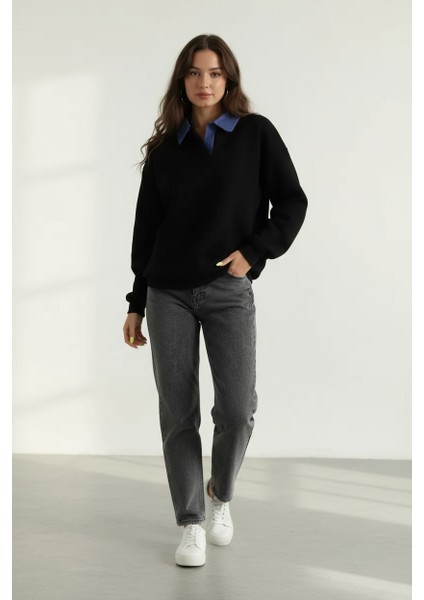 Gömlek Yaka Üç Ip Kadın Sweatshirt