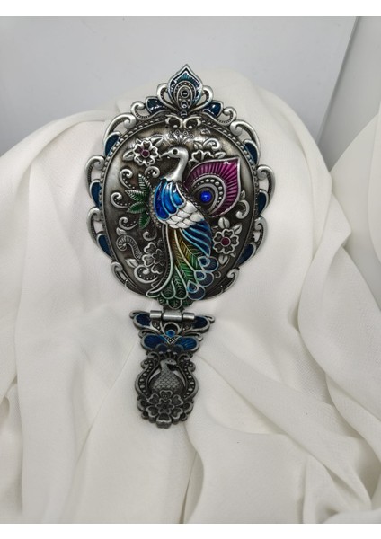 Vintage Metal Tavus Kuşu Desenli El Aynası ve Tarak Seti (17 x 7.5 Cm)