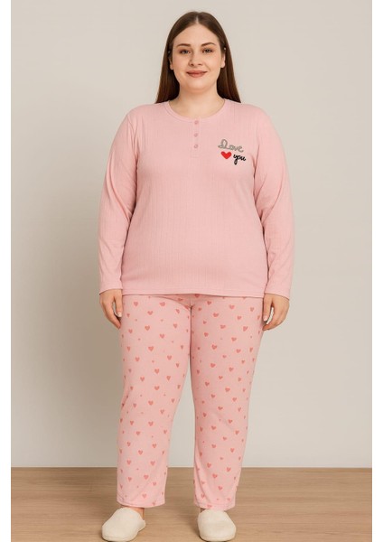 Kadın 0387 Büyük Beden Raporlu Kalın Kışlık Pijama Takımı Gül Kurusu