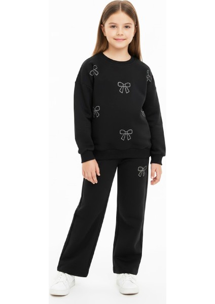 Kız Çocuk Taş Işlemeli Fiyonk Baskılı-2 Iplik-Alt-Üst Takım-5-12 Yaş 12438