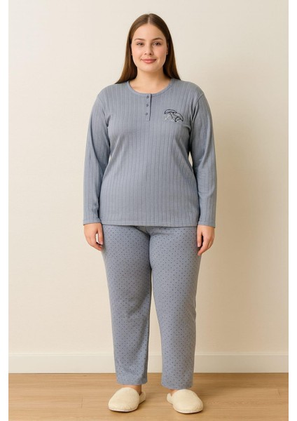 Kadın 0385 Büyük Beden Raporlu Kalın Kışlık Pijama Takımı Indigo