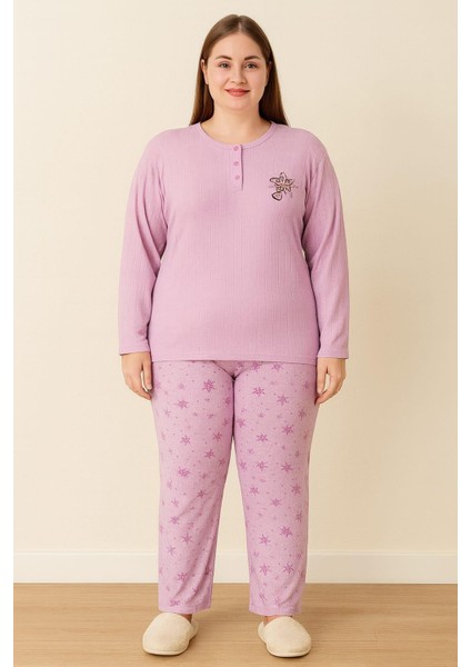 Kadın 05164 Büyük Beden Raporlu Kalın Kışlık Pijama Takımı Lila