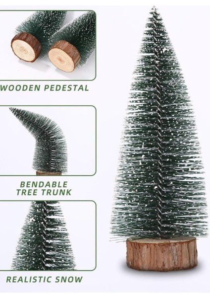 Yeni Yıl Dekoru Kar Efektli 9 Adet Yılbaşı mini Çam Ağaçları Seti Doğal Ahşap Tabanlı 8 - 12 - 15 cm