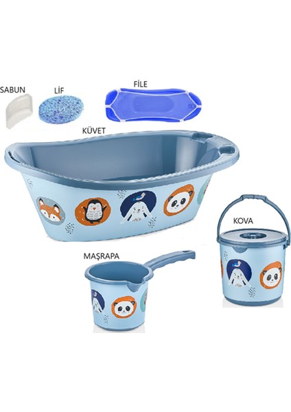 Sevimli Figürler 7 Parça Bebek Yıkama Banyo Küvet Seti Kova Maşrapa Küvet Filesi Sünger Sabun (MAVİ)